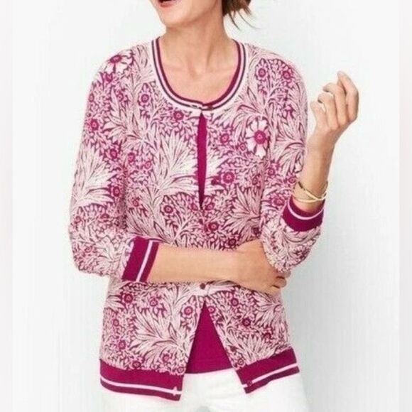 Talbots Berry & White Floral Print Cotton Blend Long Sleeve Button Down Cardigan - Picture 1 of 8